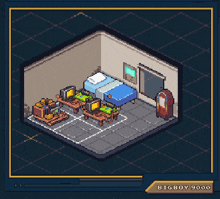 a pixel art drawing of a bedroom with a bigboy 9000 logo