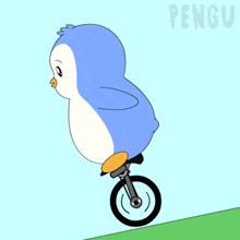 a cartoon penguin is riding a bike on a hill
