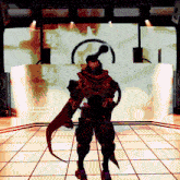 a video game character is standing in front of a large screen with a circle on it