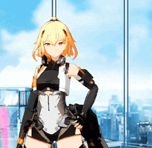 a girl in a black and white outfit stands in front of a window with a city in the background