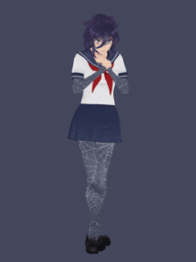 a girl with purple hair and spider web tights