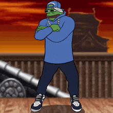 a cartoon of a frog wearing a blue hoodie and a hat that says gangsta
