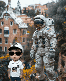 a little boy wearing sunglasses and a nike hat stands next to an astronaut in a space suit