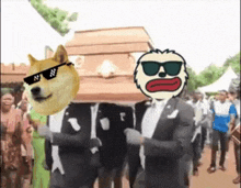 a doge wearing sunglasses is carrying a coffin with a man wearing sunglasses on it .