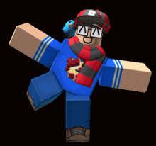 a cartoon character is wearing a blue shirt with a maple leaf on it and a red scarf