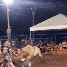 a man in a cowboy hat is riding a bull in a rodeo arena at night