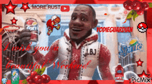 a picture of a man holding a can of sprite and a bottle of cranberry juice