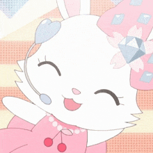 a cartoon bunny wearing a pink dress and a headset