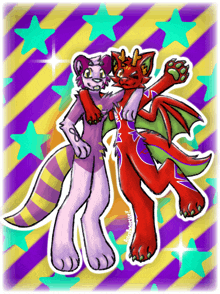 a drawing of a cat and a dragon with a purple and yellow background with stars