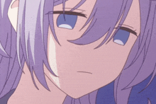 a drawing of a girl with purple hair and blue eyes
