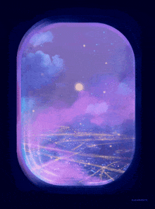 a painting of an airplane window shows a purple sky with stars