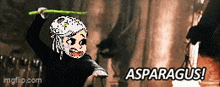 a cartoon of a person holding an asparagus with the words asparagus below it