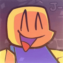 a cartoon character with a yellow head and purple tongue is smiling .