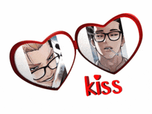 two hearts with a picture of a man with glasses and the word kiss