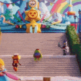 a group of cartoon characters are walking down stairs in front of a colorful building .