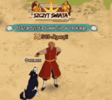 a man in a red coat stands next to a black and white dog