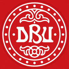 a red and white logo with the letter dbu in the center