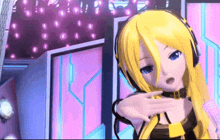 a yellow haired anime girl wearing headphones stands in front of a pink wall