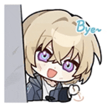 a cartoon character with purple eyes is peeking out from behind a wall and saying bye .