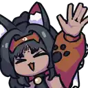a cartoon girl with cat ears and a paw glove is waving her hand .