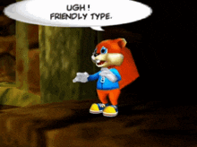 a cartoon squirrel says ugh friendly type in a speech bubble