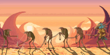a pixel art of a group of monsters standing in a desert