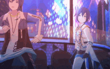two anime characters are standing next to each other and one has the word caerulea on his shirt .