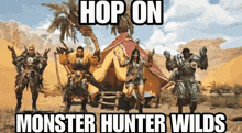 a group of monster hunters standing in front of a tent