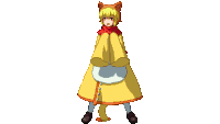 a pixel art of a girl wearing a yellow dress and a red scarf