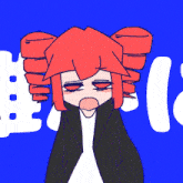 a drawing of a girl with red hair against a blue background that says ' a ' on it