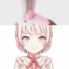 a girl with pink hair is smiling next to a pink swirl of frosting