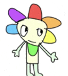 a cartoon character with a flower on his head and arms and legs .
