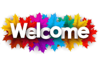 the word welcome is surrounded by colorful maple leaves on a white background