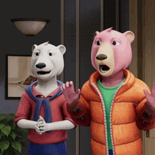 a polar bear and a pink bear are standing next to each other in a room