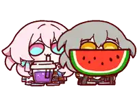 a cartoon girl drinking a drink next to a watermelon slice