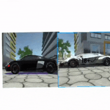 a black car and a white car are parked next to each other on a street .