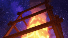 a painting of a wooden structure with a fire behind it
