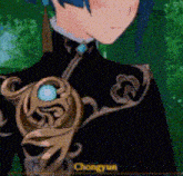 a close up of a cartoon character with the name chongyun