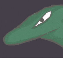 a drawing of a green object with a white eye on a dark background