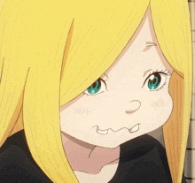 a girl with blonde hair and blue eyes is making a face