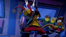 a group of lego characters are fighting each other in a cartoon scene