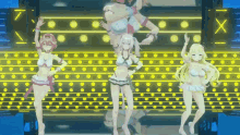 a group of anime girls are dancing on a stage in front of a sign that says x