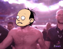 a shirtless man with a cartoon face on his head and the words 3look below