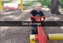a child is riding a seesaw with the words dies of cringe on the bottom