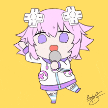 a drawing of a girl with purple hair holding a microphone and a cross on her head