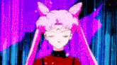 a close up of a girl with pink hair and a purple background .