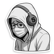 a person wearing a mask and headphones with the letter s on the headphones