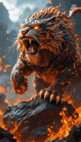 a lion with a chain around its neck is standing on top of a rock in the middle of a fire .