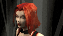 a woman with red hair and red lips is wearing a choker and a black top .