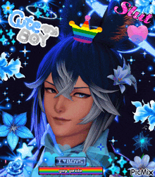a picture of a boy with a rainbow crown on his head and the words iyboys gay pride